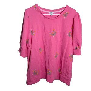 Crown & Ivy Sweatshirt Women's XXL Pink Terry Pullover Floral Embroidered Top